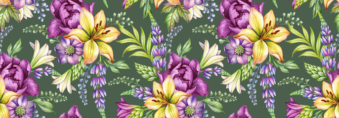 watercolor hand painted purple and yellow flowers, green leaves isolated on green background. Seamless floral pattern, colorful botanical wallpaper, bohemian textile design