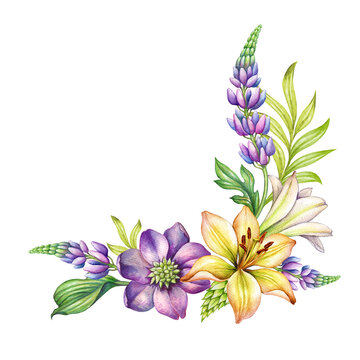 watercolor botanical illustration, violet and yellow flowers and green leaves. Colorful bouquet, bohemian floral arrangement isolated on white background. Corner design element