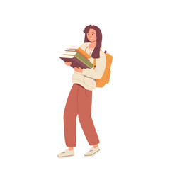 Shocked overloaded nerd female student character holding stack of book from library in hands