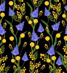 Foto op Canvas Muscari and mimosa floral seamless pattern on black background. Spring flowers grape hyacinth Vector illustration for greeting card, fabric, wallpaper or wrapping paper, poster © smile_flower