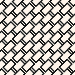 Vector geometric seamless pattern. Abstract monochrome background with diagonal lines, rectangles, grid, brick wall texture. Minimal black and white graphic pattern. Repeated design for decor, print