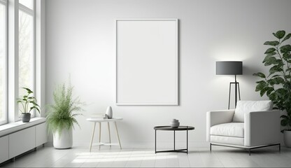 White blank poster mockup in living, scandinavian style, Generative ai