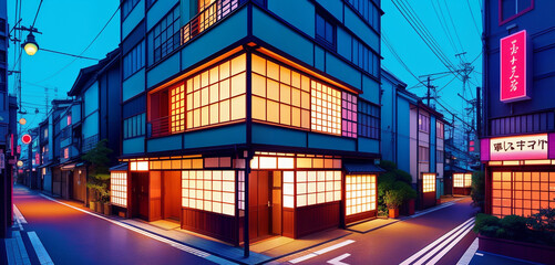 Exterior of a Japanese Flat in Tokyo With Neon Light Outside in the City Streets Generative AI Photo
