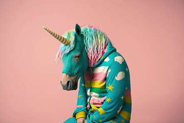 unicorn wearing clothes suffering in circus, created with Generative AI technology