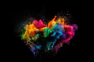 Obraz na płótnie Canvas Colourful paint splashes in the shape of a love heart, Coloured powder explosion. Paint holi, Mix rainbow splash on isolated black background - Generative AI Illustration
