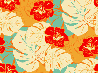 jungle hibiscus exotic floral pattern vivid retro colors shades