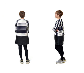 back and side view of same woman with squirt standing on white background