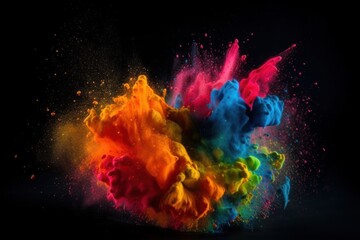 Colourful paint splashes, Coloured powder explosion. Paint holi, Mix rainbow splash on isolated black background - Generative AI Illustration