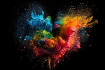 Colourful paint splashes in the shape of a love heart, Coloured powder explosion. Paint holi, Mix rainbow splash on isolated black background - Generative AI Illustration