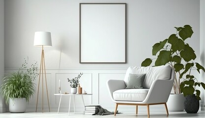 White blank poster mockup in living, scandinavian style, Generative ai