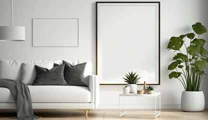 White blank poster mockup in living, scandinavian style, Generative ai