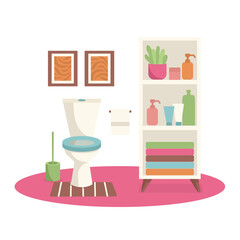 Bathroom interior. Toilet. Toilet bowl, toilet brush, shelf with staff, plant, vase of flowers, paintings. Vector graphic.