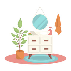 Bathroom interior. Sink with cabinet, mirror, plant, towel, carpet.  Vector graphic.	