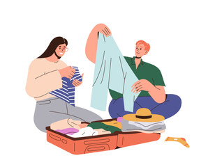 Happy smiling man and woman family married couple going on vacation packing luggage bag