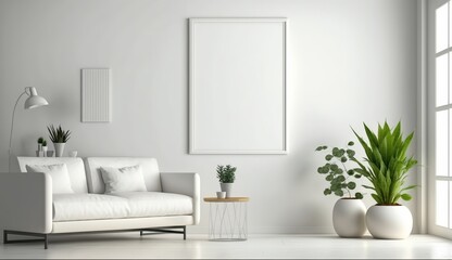 Fototapeta na wymiar White blank poster mockup in living, scandinavian style, Generative ai