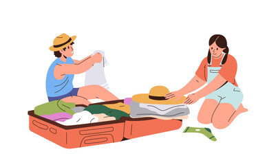 Cute happy children packing luggage suitcase folding clothes and belongings for summer vacation