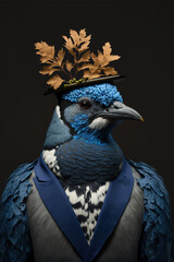 classy blue jay bird wearing a suit an a stylish leaf hat posing for a studio photograph on an isolated background, generative ai