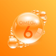 Drop water fish oil omega 6 orange. Polyunsaturated fatty nutrient. Vitamins complex from nature. Water drop isolated on yellow background. Medical concepts. 3D Realistic Vector EPS10.