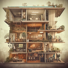 Retro-Futuristic Home Cross Section Illustration, Generative AI