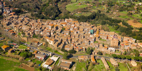 Aerial view of the historic center of Sutri, near Viterbo and Rome, Italy. The Romanesque cathedral...