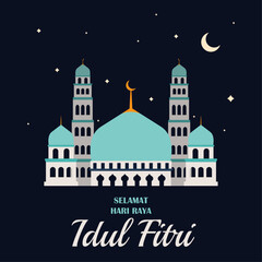 Vector illustration of mosque tower for eid al fitr with night background