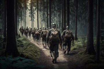 Troops marching in the forest. Generative AI