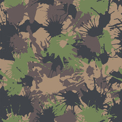 Blots khaki green camo seamless chaotic pattern of paint splashes spots. Vector hand drawn camouflage texture for printing on fabric. Urban ink grunge background