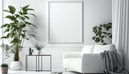 Obraz na płótnie Canvas White blank poster mockup in living, scandinavian style, Generative ai