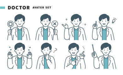 男性医師の上半身アバターセット　表情　単色