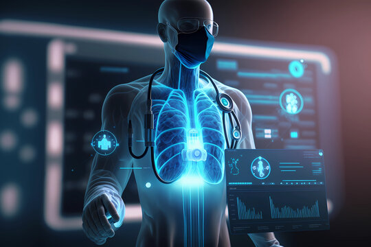 Doktor mit Stethoskop, unterschiedliche holografische Anzeigen. wissenschaftliche Darstellung.