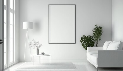 Naklejka na ściany i meble White blank poster mockup in living, scandinavian style, Generative ai