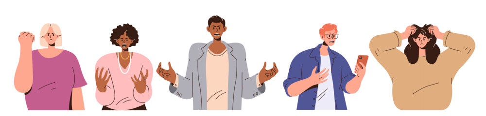 Set of angry people gesturing aggressively feeling negative emotion expressing wrath, rage, fury