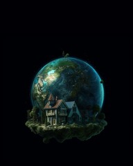 Magical earth and house on black copy space background. Generative AI, Generative, AI