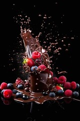 Plakat Close Up of Bouncing Chocolate-Covered Berries Jumping off a Wooden Spoon Generated by AI