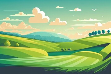 Beautiful green hills, mountains, sky and clouds in cartoon style. Generative AI