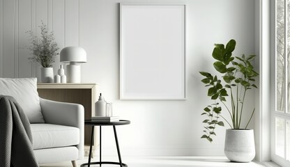 White blank poster mockup in living, scandinavian style, Generative ai