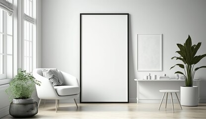 White blank poster mockup in living, scandinavian style, Generative ai