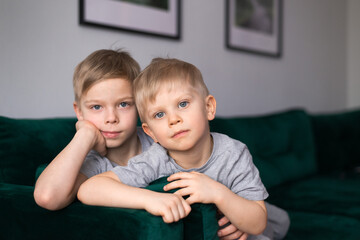 boys brothers posing on sofa at home, serious face, looking at camera