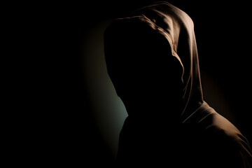 silhouette of a person wear a hood in the dark, generative AI