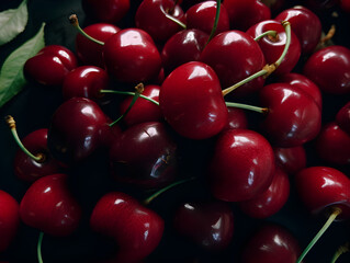 Bunch of red ripe cherries background, healthy fresh fruit backdrop.