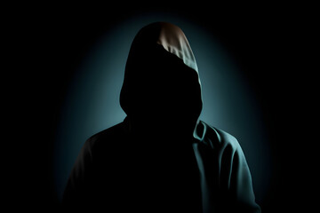 silhouette of a person wear a hood in a dark, generative AI