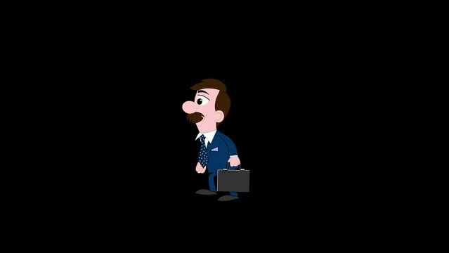 Cartoon businessman character with briefcase.
Loop cycle animation of a walking cartoon businessman character with briefcase.