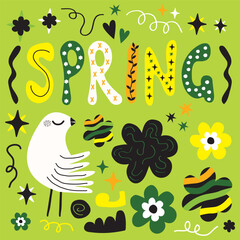 Abstract hand drawn spring greeting card with cute daisy flowers and bird icons and design elements set on green background