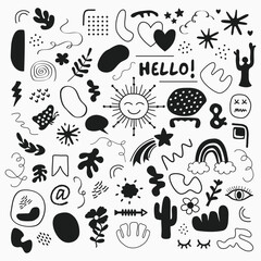Black abstract hand drawn art random and modern decoration shapes icons set on white background