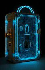 Cybersicherheit und Schutz privater Informationen und Datenkonzept. Blauer Tresor. Firewall vor Hackerangriff.