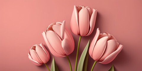 Beautiful soft pink tulips with green leaves isolated on a delicate pink background. Copy space for text. Creative spring banner template. Generative AI art.