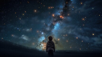 Fototapeta na wymiar a boy looking at night starry sky with glitter glow galaxy flicker above, idea for prayer of hope, love, peace theme, Generative Ai 