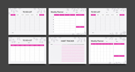 Set of simple planners. Weekly, to-do list, daily, notes, tracker, оrganizer page, planner template. Vector illustration.