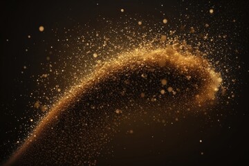 Fototapeta na wymiar Abstract bokeh of glitter particles on dark backdrop. Gold glitter dust defocused texture. Generative AI