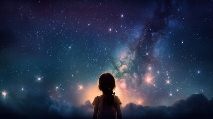 Obraz na płótnie Canvas a boy looking at night starry sky with glitter glow galaxy flicker above, idea for prayer of hope, love, peace theme, Generative Ai 